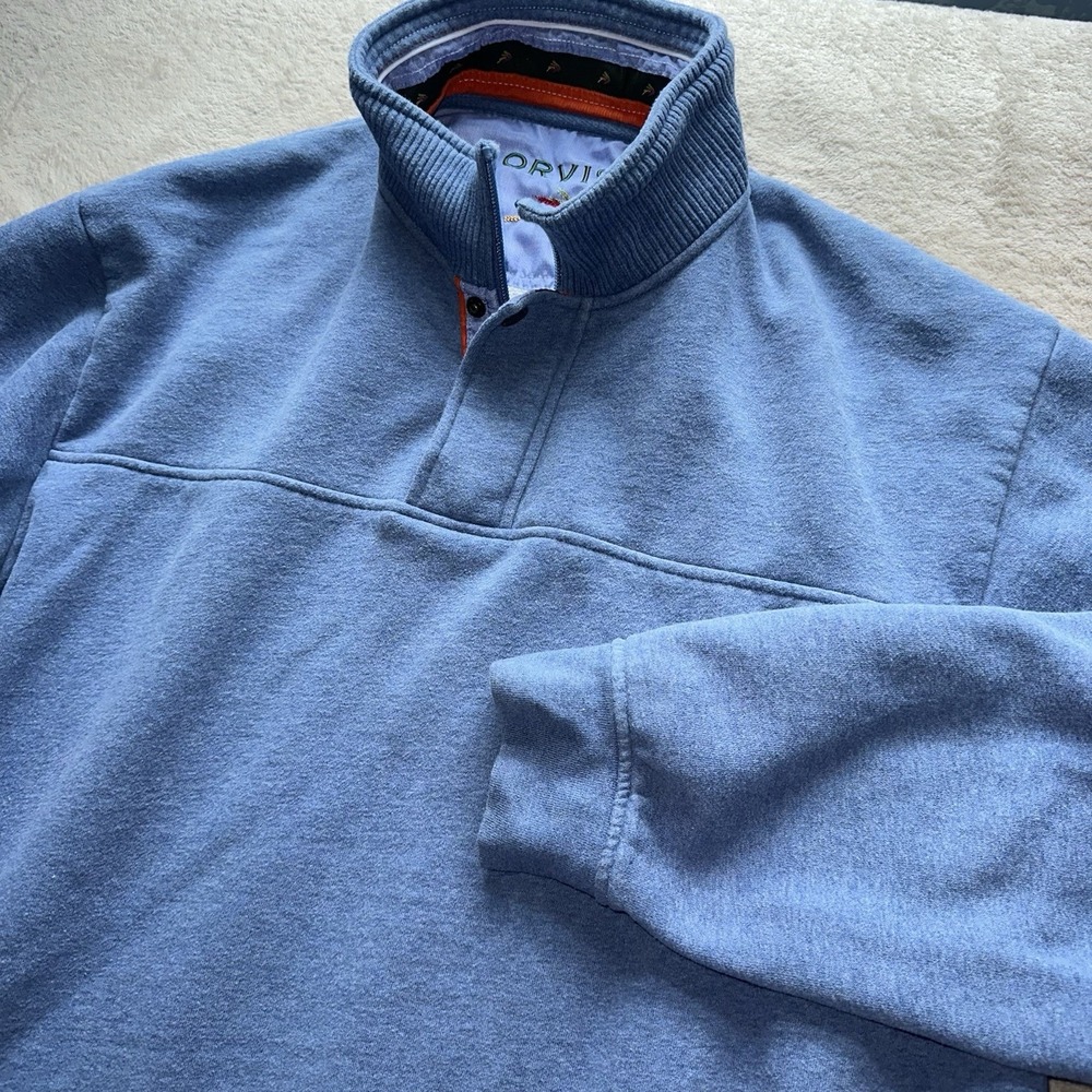 Orvis Signature Mens XL 1/4 Zip Snap Sweatshirt Blue Fleece Pullover Coat